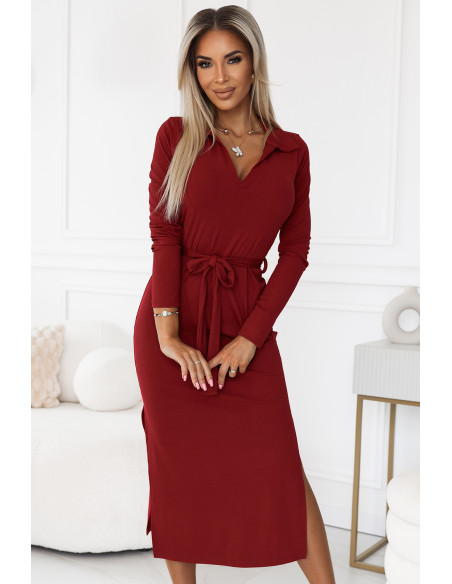  560-1 Classic midi dress with collar and tie - burgundy 