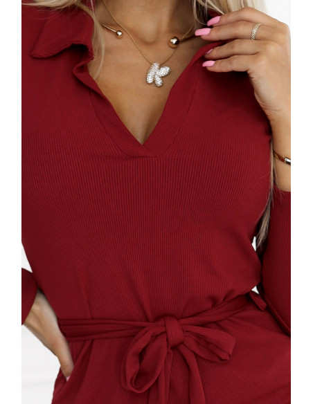  560-1 Classic midi dress with collar and tie - burgundy 