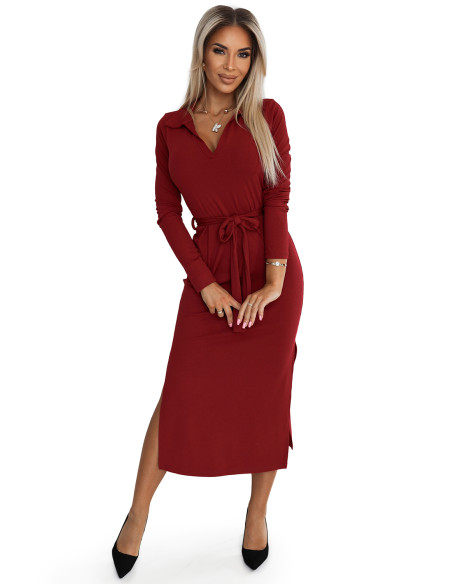  560-1 Classic midi dress with collar and tie - burgundy 