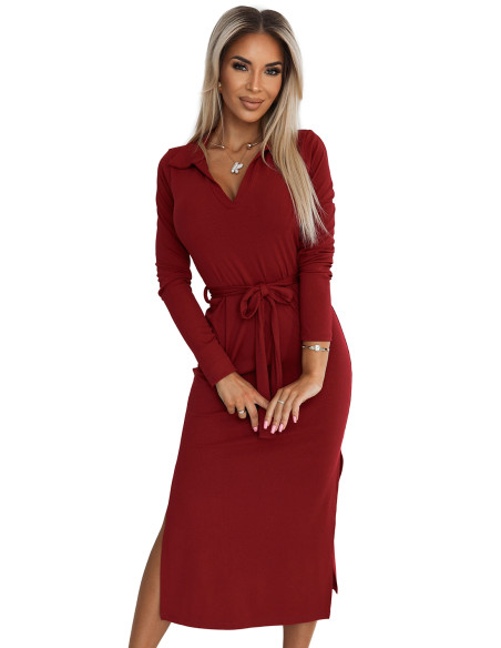  560-1 Classic midi dress with collar and tie - burgundy 