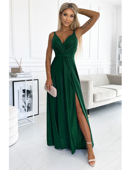  498-2 Long dress with a neckline and double straps - green with glitter 