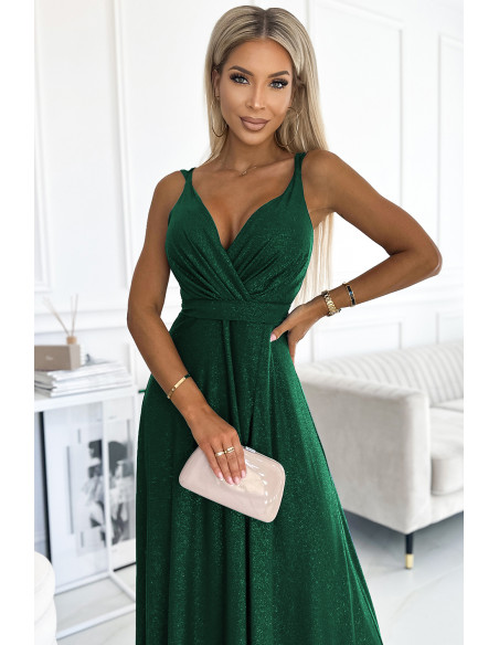  498-2 Long dress with a neckline and double straps - green with glitter 