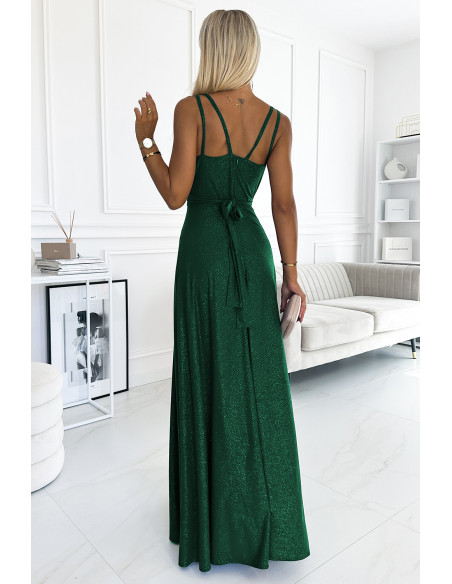  498-2 Long dress with a neckline and double straps - green with glitter 