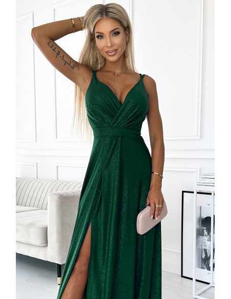  498-2 Long dress with a neckline and double straps - green with glitter 