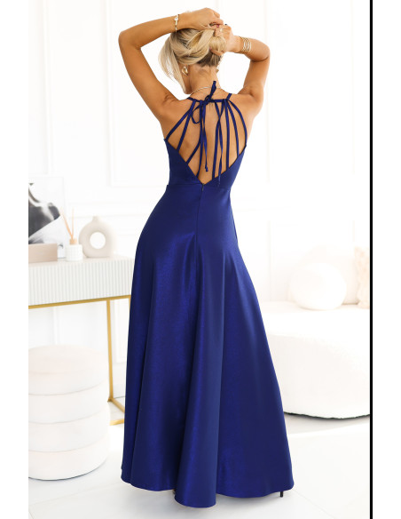  566-1 PERLA Long shimmering gown with unique back tie - navy blue 