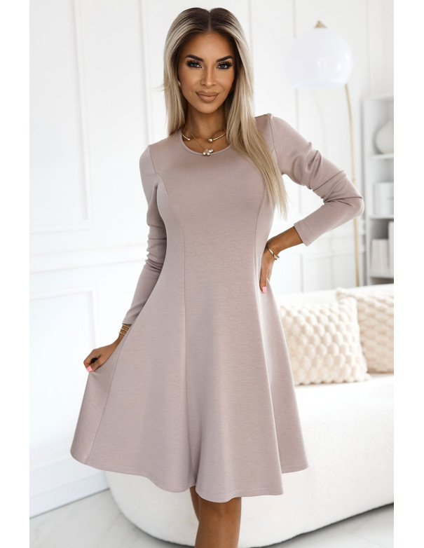  567-1 Comfortable long sleeve trapeze dress - beige 