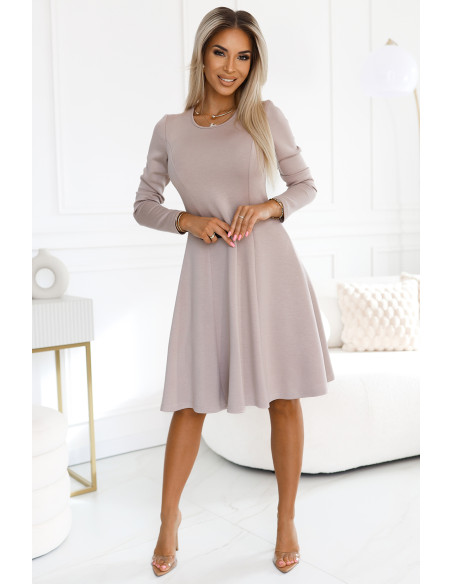  567-1 Comfortable long sleeve trapeze dress - beige 