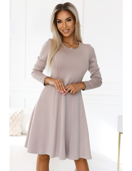  567-1 Comfortable long sleeve trapeze dress - beige 