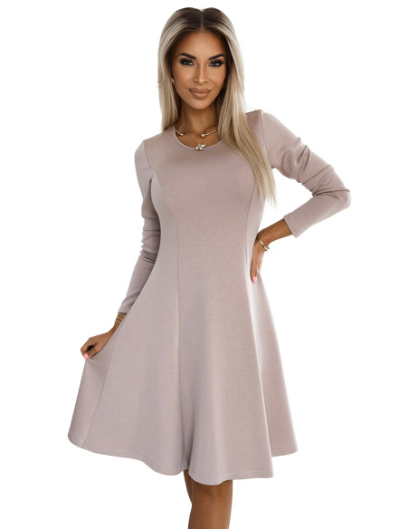  567-1 Comfortable long sleeve trapeze dress - beige 