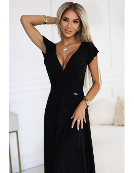  411-12 CRYSTAL long shimmering dress with a neckline - black 