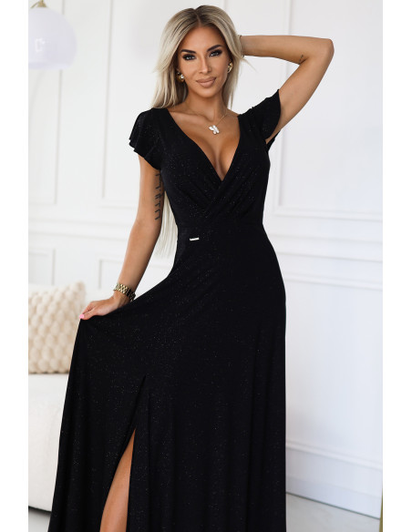  411-12 CRYSTAL long shimmering dress with a neckline - black 