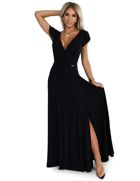  411-12 CRYSTAL long shimmering dress with a neckline - black 