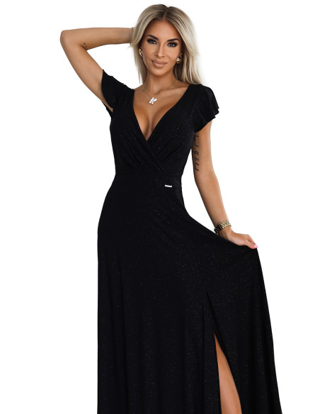  411-12 CRYSTAL long shimmering dress with a neckline - black 