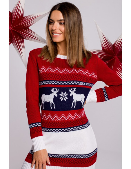 MXS03 Christmas sweater dress with two reindeer - red