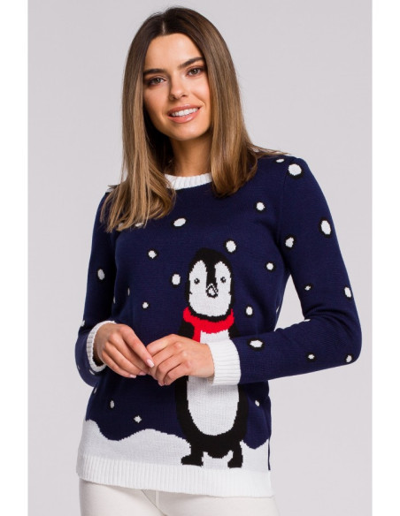 MXS06 Christmas sweater with a penguin - navy blue