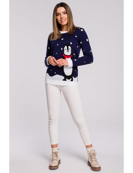 MXS06 Christmas sweater with a penguin - navy blue