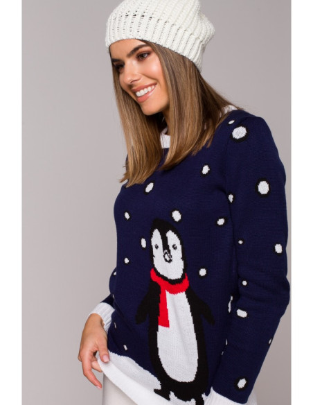 MXS06 Christmas sweater with a penguin - navy blue