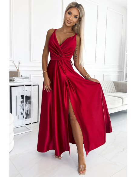  498-4 Long satin dress with a neckline and double straps - red 