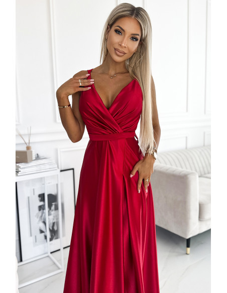  498-4 Long satin dress with a neckline and double straps - red 