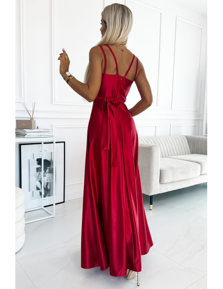  498-4 Long satin dress with a neckline and double straps - red 