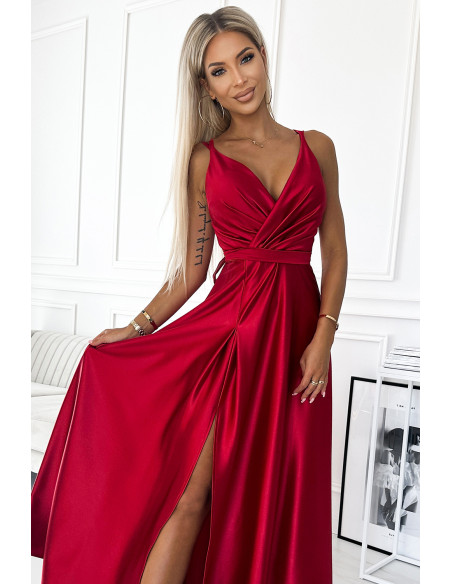  498-4 Long satin dress with a neckline and double straps - red 