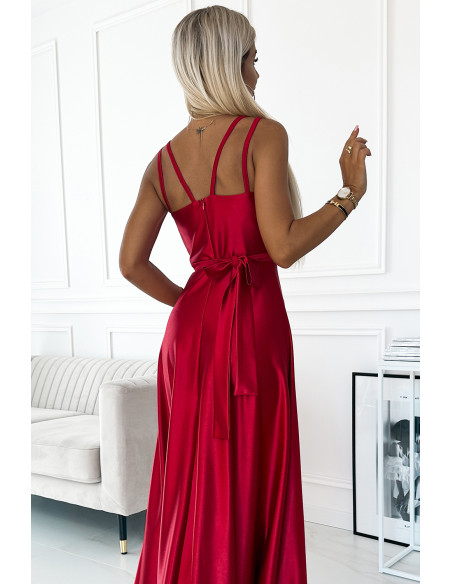  498-4 Long satin dress with a neckline and double straps - red 