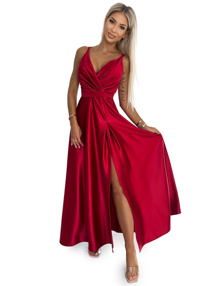  498-4 Long satin dress with a neckline and double straps - red 