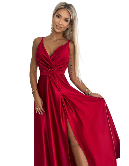  498-4 Long satin dress with a neckline and double straps - red 