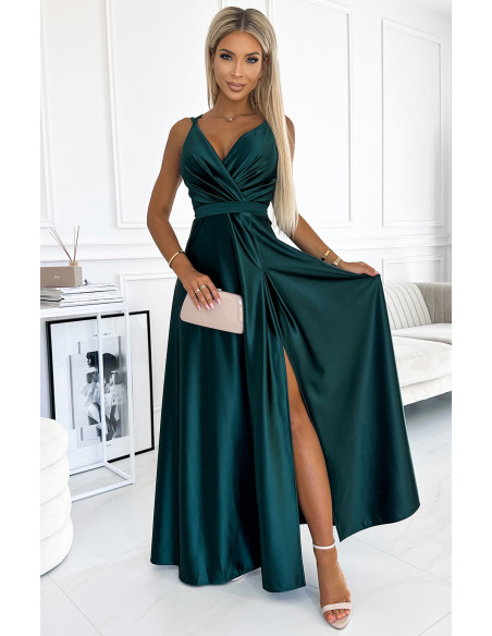  498-3 Long satin dress with a neckline and double straps - green 