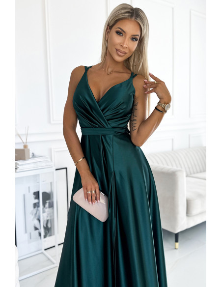  498-3 Long satin dress with a neckline and double straps - green 