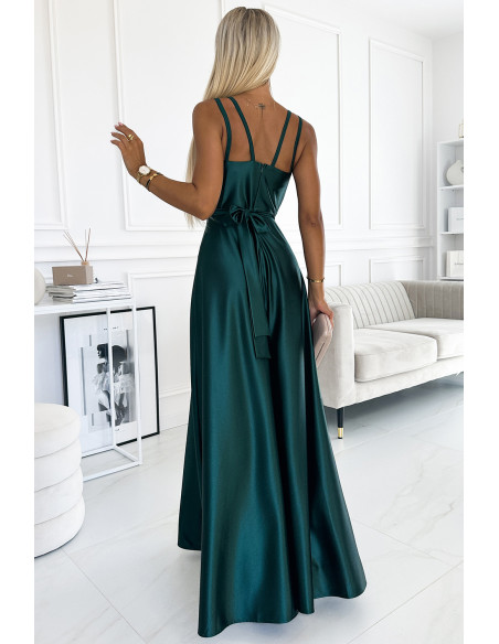  498-3 Long satin dress with a neckline and double straps - green 