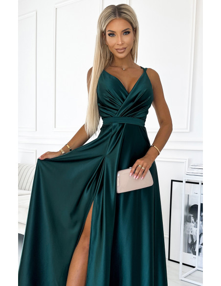  498-3 Long satin dress with a neckline and double straps - green 