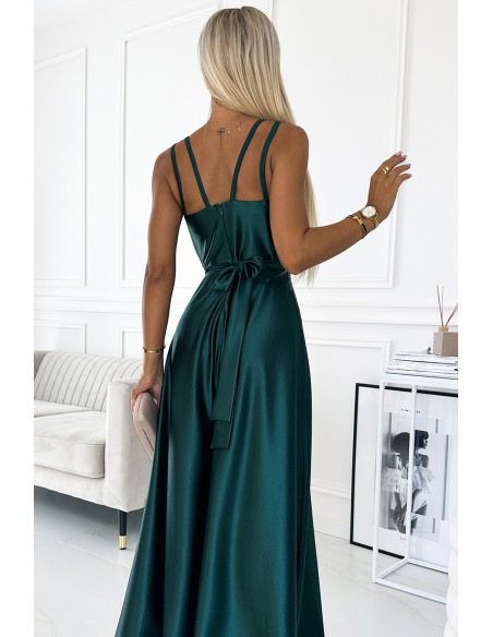  498-3 Long satin dress with a neckline and double straps - green 