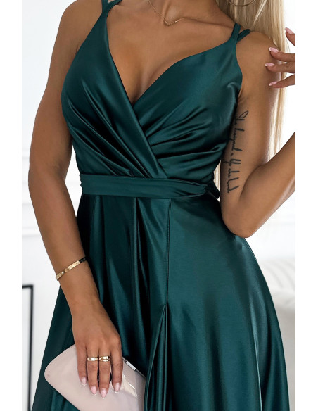  498-3 Long satin dress with a neckline and double straps - green 