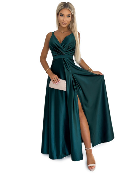  498-3 Long satin dress with a neckline and double straps - green 