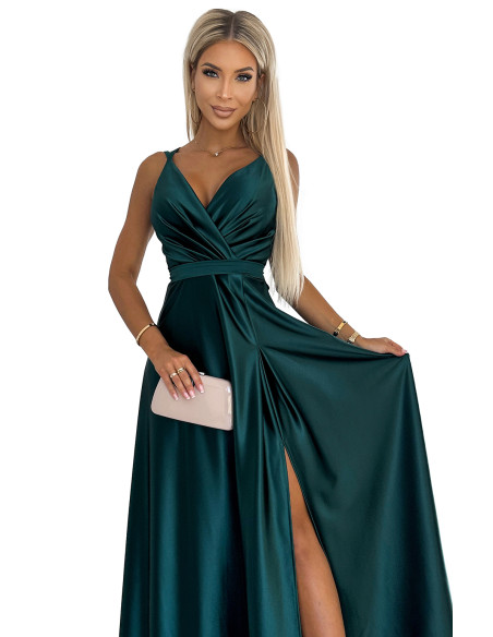  498-3 Long satin dress with a neckline and double straps - green 