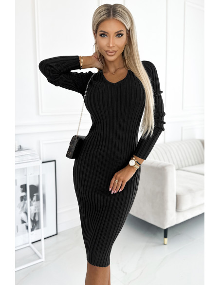  570-1 Comfortable jumper dress with v-neck - black 