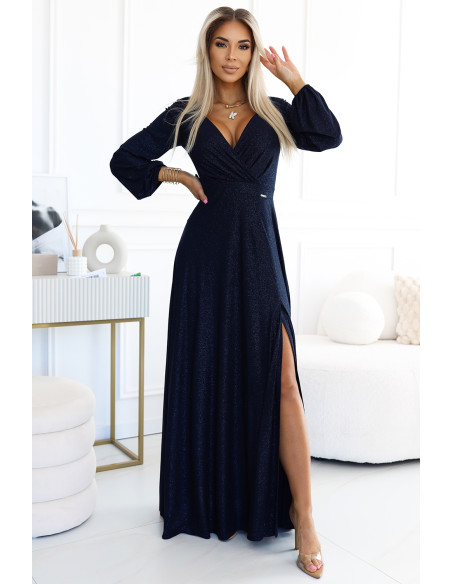  572-1 NELA shiny long gown with neckline and long sleeves - navy blue 