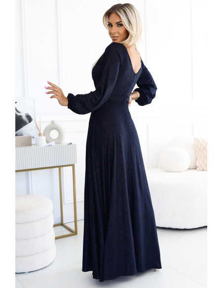  572-1 NELA shiny long gown with neckline and long sleeves - navy blue 