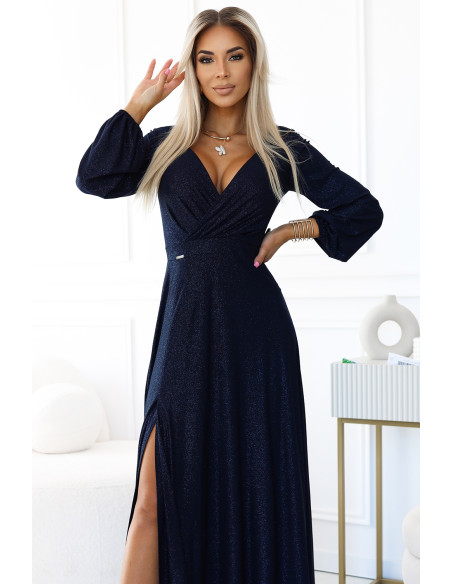  572-1 NELA shiny long gown with neckline and long sleeves - navy blue 