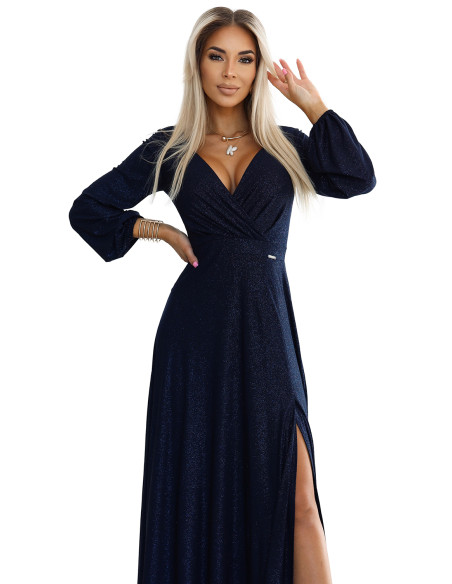  572-1 NELA shiny long gown with neckline and long sleeves - navy blue 