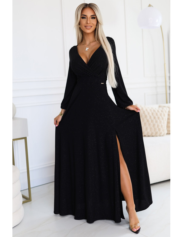  572-2 NELA shiny long gown with neckline and long sleeves - black 