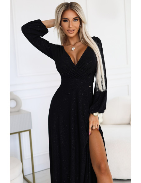  572-2 NELA shiny long gown with neckline and long sleeves - black 