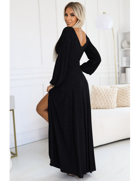  572-2 NELA shiny long gown with neckline and long sleeves - black 