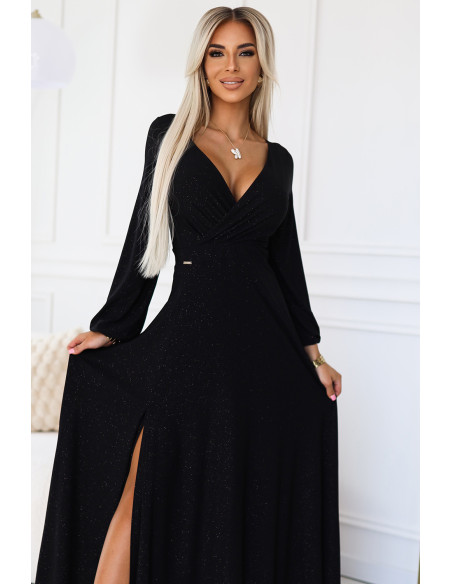  572-2 NELA shiny long gown with neckline and long sleeves - black 