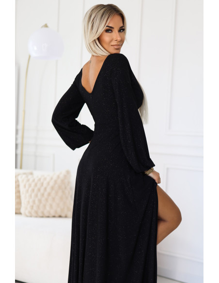  572-2 NELA shiny long gown with neckline and long sleeves - black 