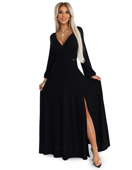  572-2 NELA shiny long gown with neckline and long sleeves - black 