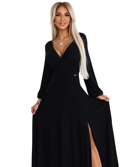  572-2 NELA shiny long gown with neckline and long sleeves - black 