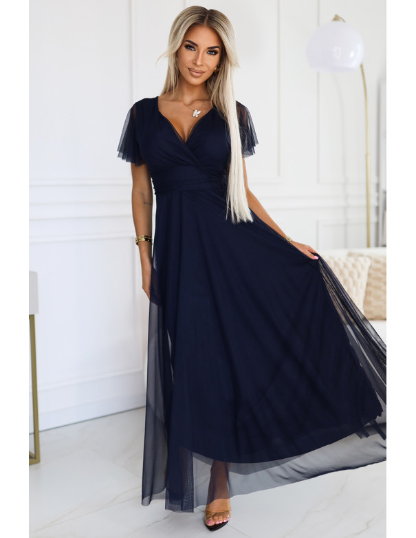  562-1 NASTIA Long dress with neckline and short sleeves - navy blue 