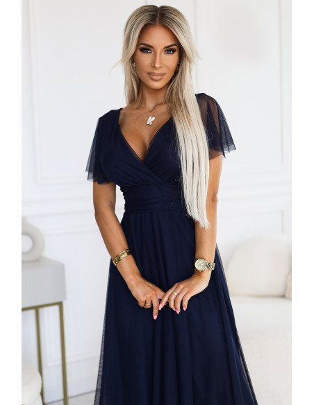  562-1 NASTIA Long dress with neckline and short sleeves - navy blue 